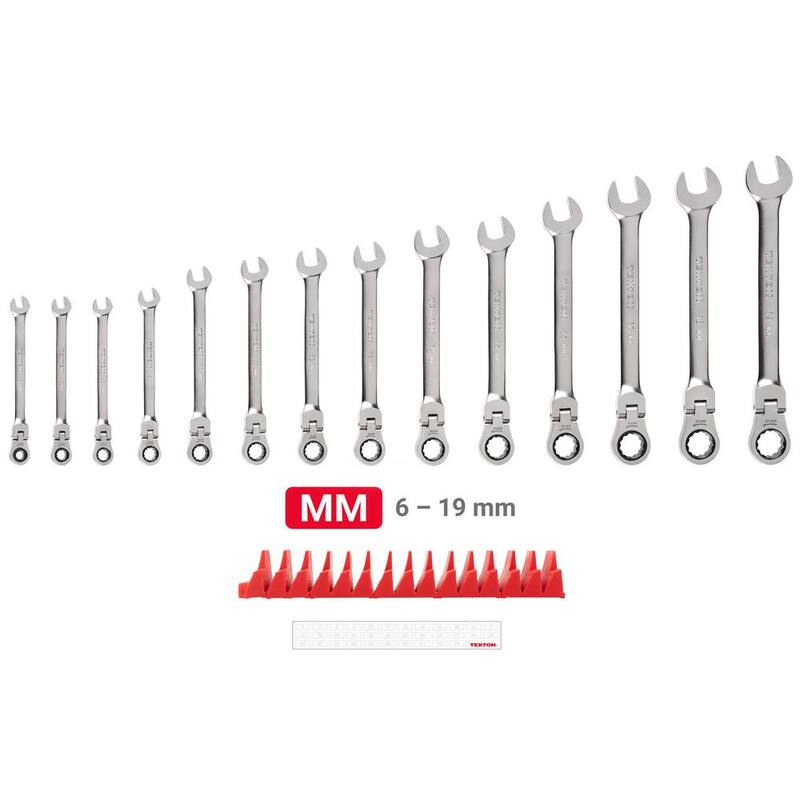 Juego de llaves combinadas flexibles de trinquete con cabeza giratoria de 12 puntos TEKTON de 14 piezas (6-19 mm) con organizador modular de ranuras - WRC95302