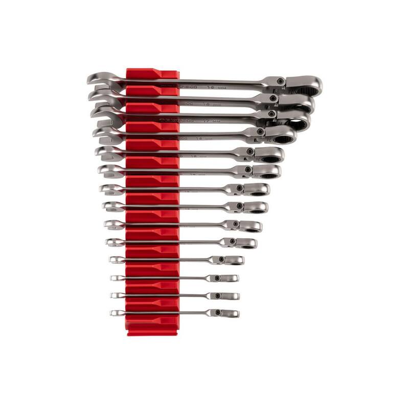 Juego de llaves combinadas flexibles de trinquete con cabeza giratoria de 12 puntos TEKTON de 14 piezas (6-19 mm) con organizador modular de ranuras - WRC95302