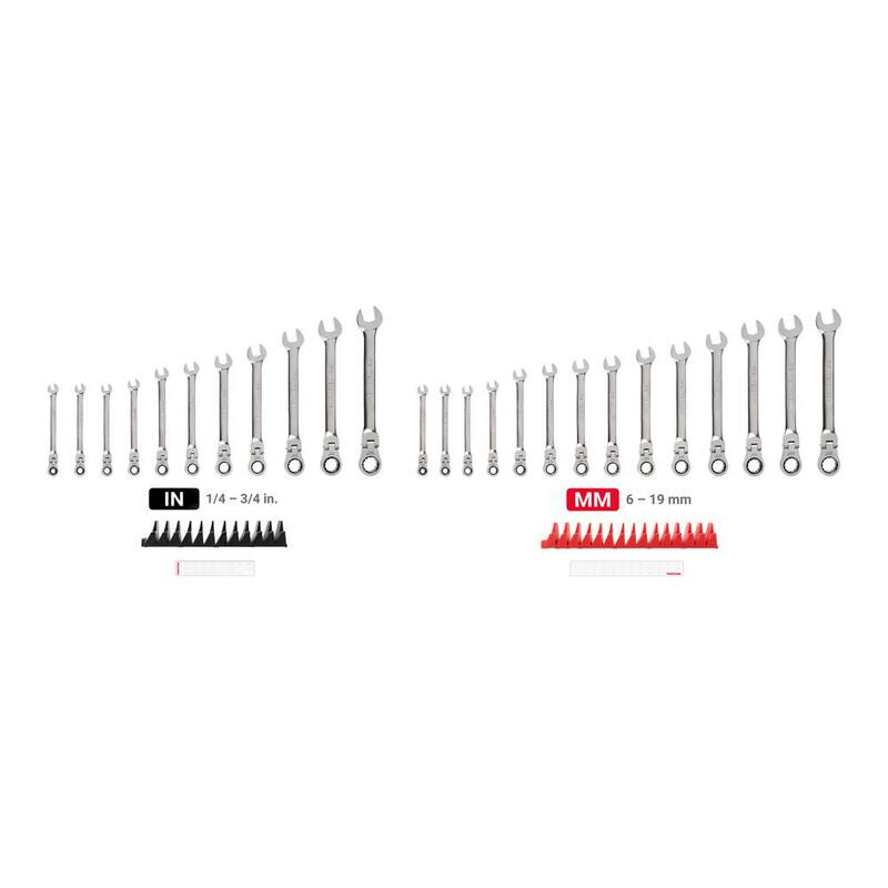 Set de llaves combinadas de trinquete de 12 puntos con cabeza flexible TEKTON de 25 piezas (1/4-3/4 in., 6-19 mm) con organizador modular de ranuras - WRC95304