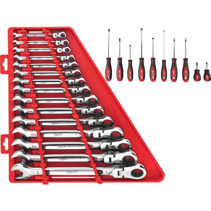 Juego de llaves combinadas de trinquete con cabeza flexible de 144 posiciones Milwaukee SAE con juego de destornilladores (25 piezas) - 48-22-9413-48-22-2710