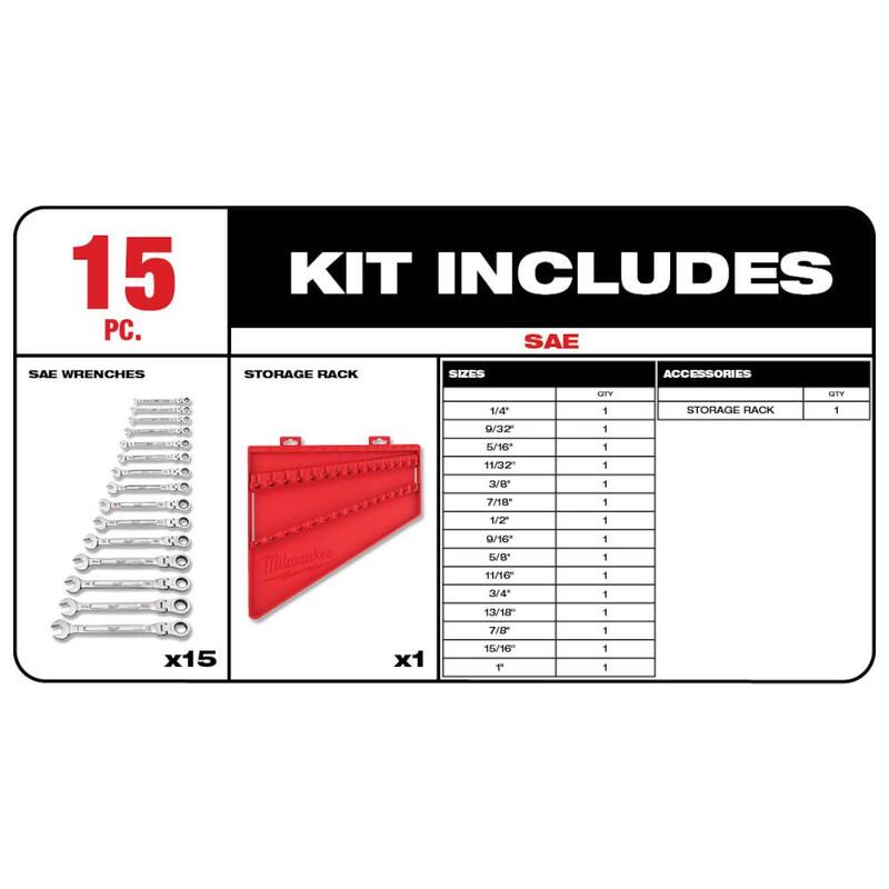 Juego de llaves combinadas de trinquete con cabeza flexible de 144 posiciones Milwaukee SAE con juego de destornilladores (25 piezas) - 48-22-9413-48-22-2710