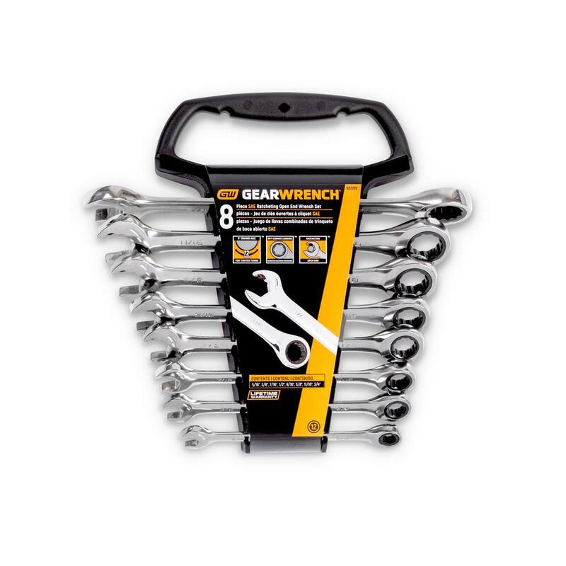 Juego de llaves combinadas con trinquete de extremo abierto GEARWRENCH de 12 puntos y 72 dientes en medidas estándar SAE (8 piezas) - 85599