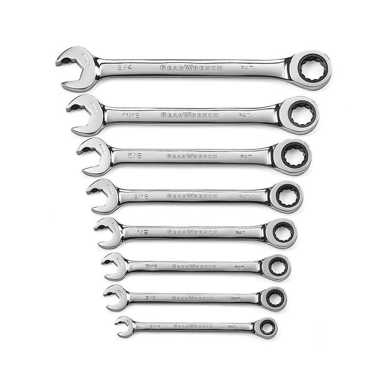 Juego de llaves combinadas con trinquete de extremo abierto GEARWRENCH de 12 puntos y 72 dientes en medidas estándar SAE (8 piezas) - 85599