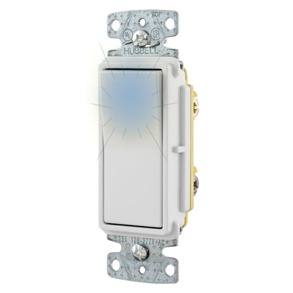 Hubbell Wiring Device-Kellems TradeSelect, Interruptores y Controles de Iluminación, Interruptor Decorativo, Grado Residencial, Interruptor basculante, Propósito General AC, Iluminado de Tres Vías, 15A 120/277V AC, Empuje Posterior y Lateral - RSD315ILW