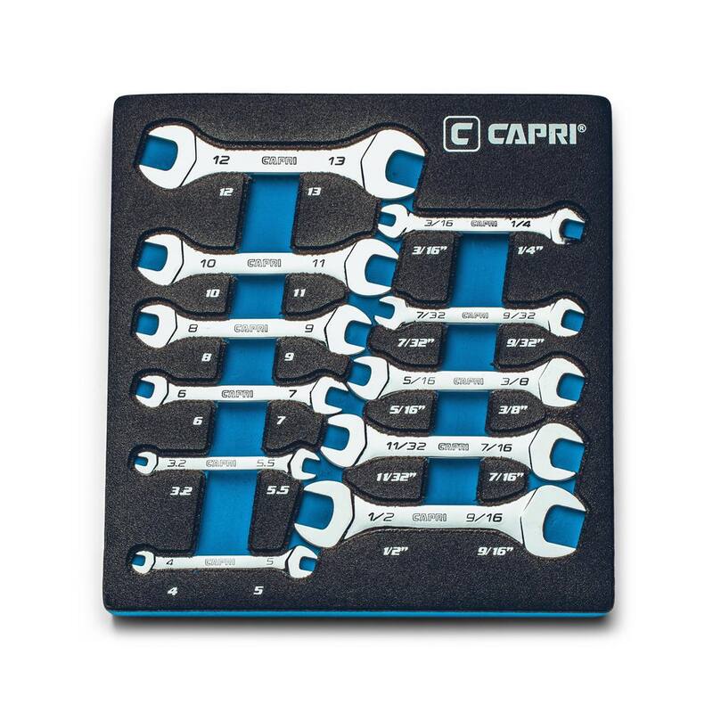 Juego de llaves fijas abiertas delgadas métricas y SAE de Capri Tools con bandeja de mecánico (11 piezas) - CP11830-11MST