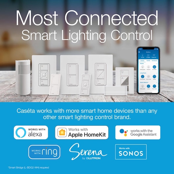 Interruptor basculante inalámbrico inteligente Lutron Caseta de 5 amperios para un solo polo, color blanco, paquete de 1 - PD-5ANS-WH-R