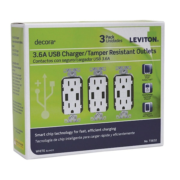 Leviton 15A - 125 V Tomacorriente Decora y Cargador USB, Blanco - LE5108