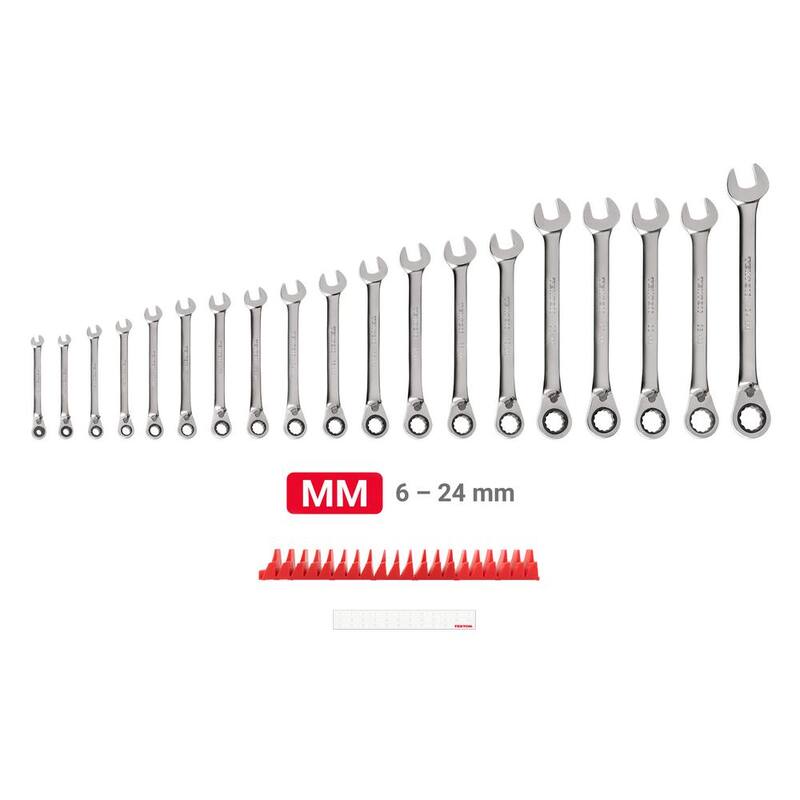 Set de Llaves Combinadas de Trinquete Reversibles de 12 Puntas TEKTON de 19 Piezas (6-24 mm) con Organizador Modular Ranurado - WRC94303