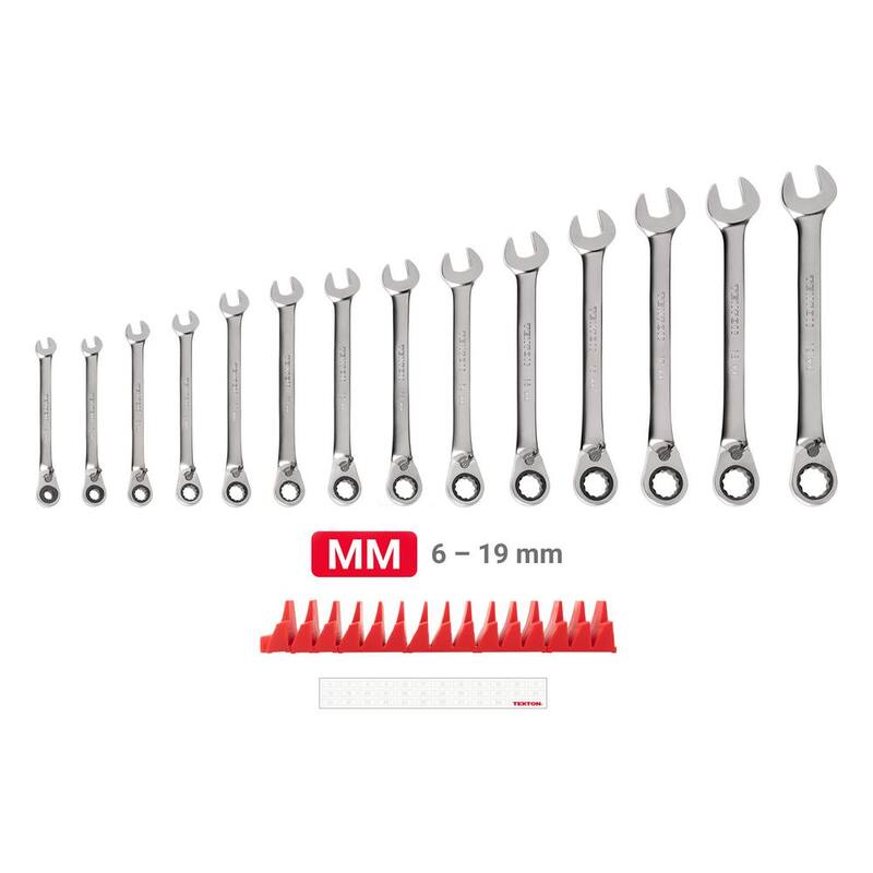 TEKTON Juego de Llaves Combinadas de Trinquete Reversibles de 12 Puntas de 14 Piezas (6-19 mm) con Organizador Modular de Ranuras - WRC94302