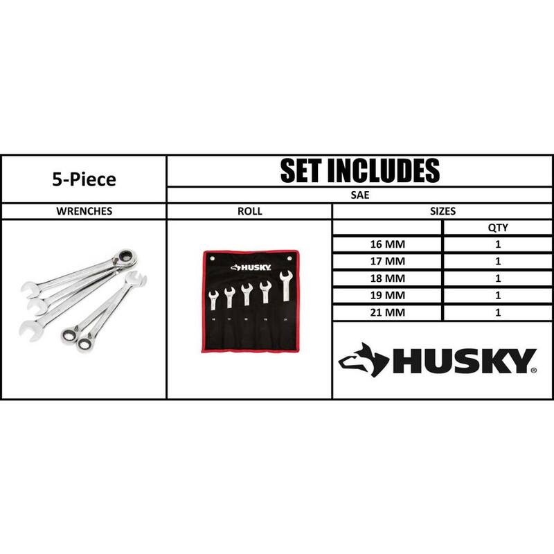 Juego de llaves de trinquete métricas grandes reversibles de 72 dientes Husky (5 piezas) - HRRW5PCMMLG