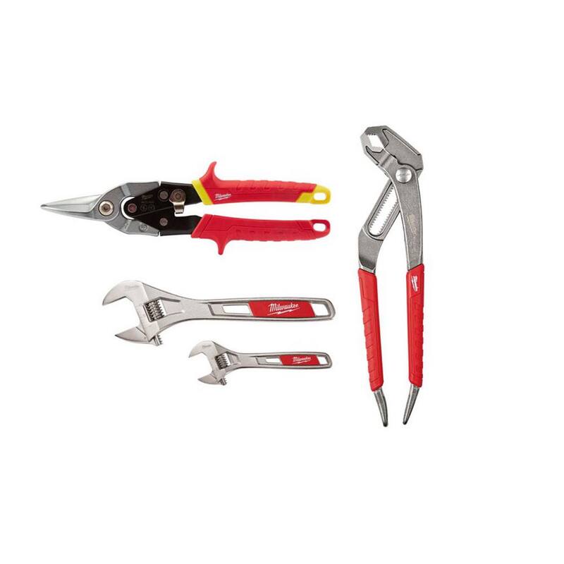 Llaves ajustables de 6 y 10 pulgadas de Milwaukee, pinzas en V de 10 pulgadas y tijeras para cortar recto de aviación de 10 pulgadas - 48-22-7400-48-22-6210-48-22-4530.