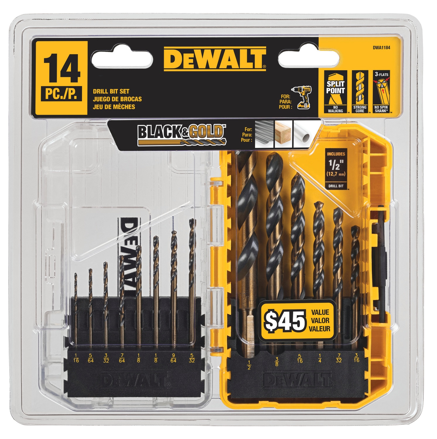 DEWALT Juego de 14 piezas de brocas helicoidales recubiertas de negro y dorado HSS de longitud estándar Jobber - DWA1184
