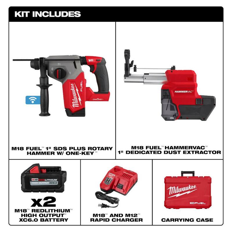 Martillo rotativo inalámbrico sin escobillas Milwaukee M18 FUEL ONE-KEY de 18V con extractor de polvo - Kit 2914-22DE
