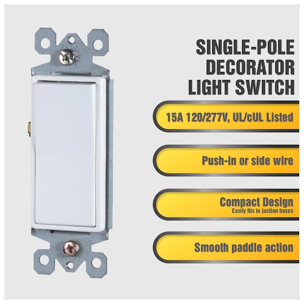 Interruptor de luz de palanca decorativa de un solo polo Faith, 15A 120/277V, blanco, paquete de 10 - SSK1-WH-10