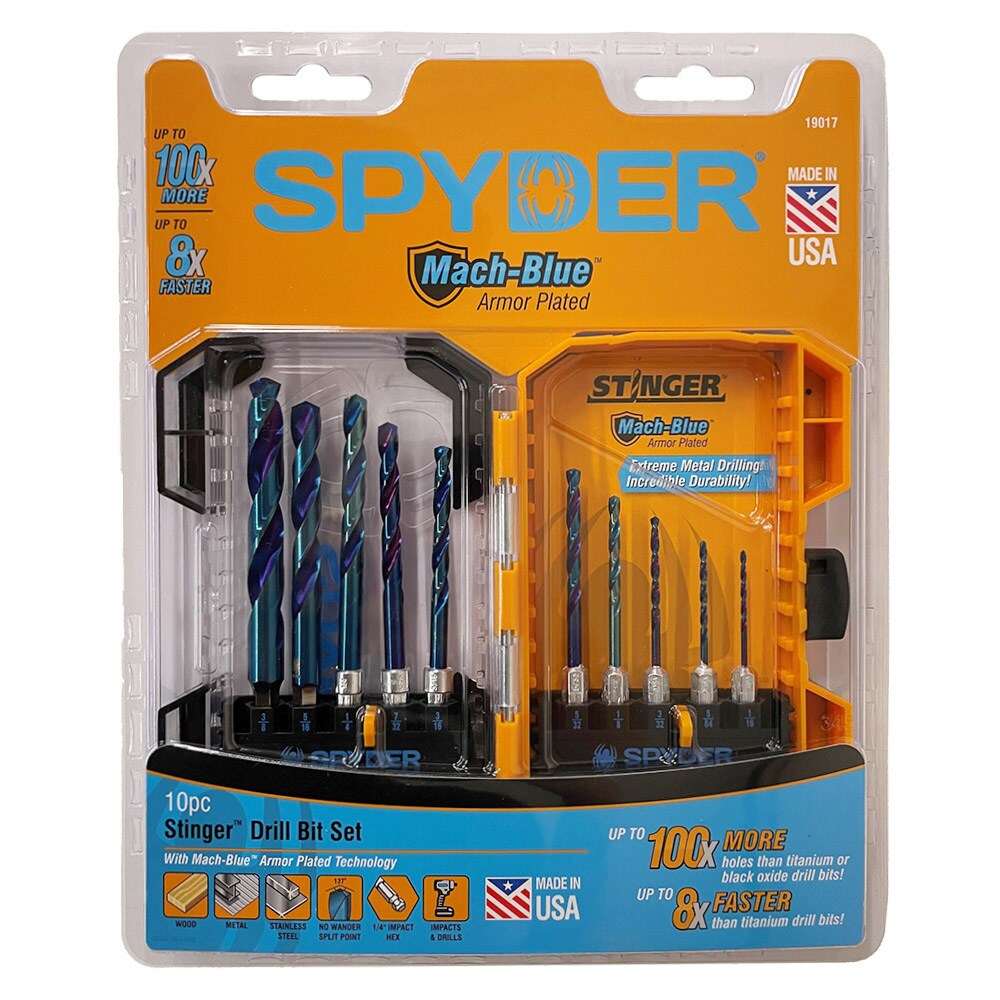 Juego de brocas de acero de alta velocidad Spyder Spyder Stinger Mach-Blue de 10 piezas surtidas de longitud estándar Jobber - 19017