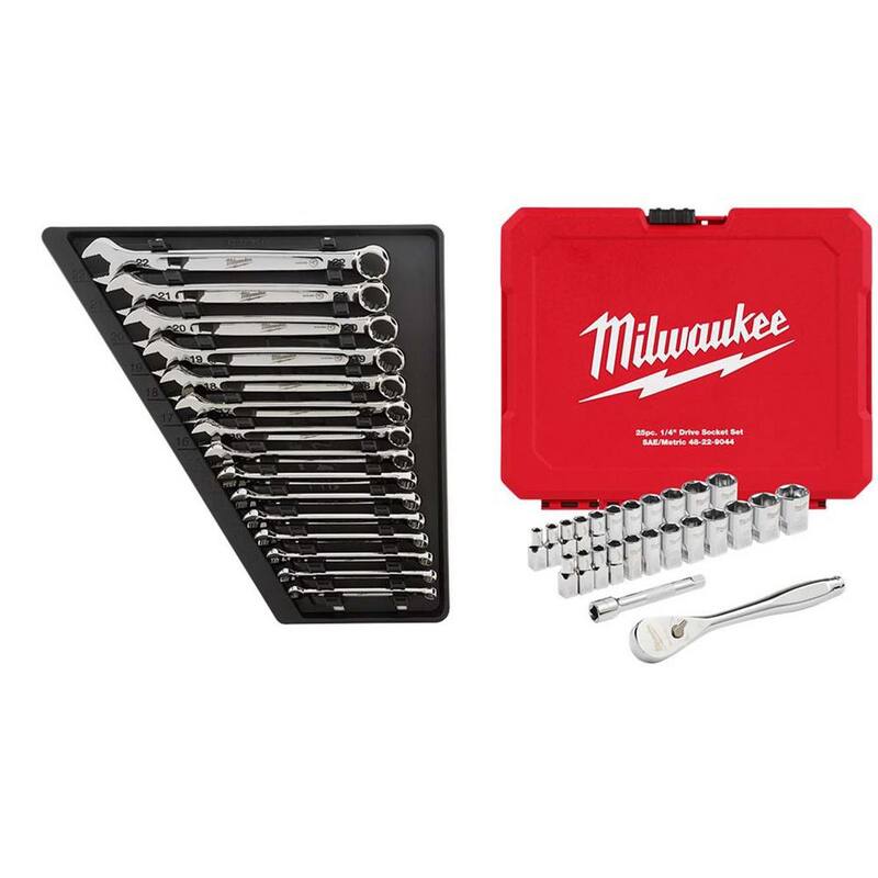 Set de herramientas de mecánica Milwaukee Combination Metric Wrench con juego de herramientas de mecánica con trinquete/vasos SAE/métricos de 1/4 pulg. (40 piezas) - 48-22-9515-48-22-9044