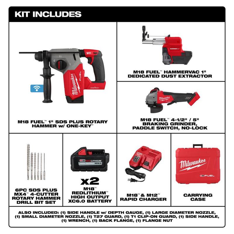 Milwaukee M18 FUEL ONE-KEY 18V Taladro Rotativo de Martillo SDS-Plus Inalámbrico sin Escobillas de Litio 1 pulgada con Kit de Extracción de Polvo y Set de Brocas - 2914-22DE-2880-20-48-20-7499
