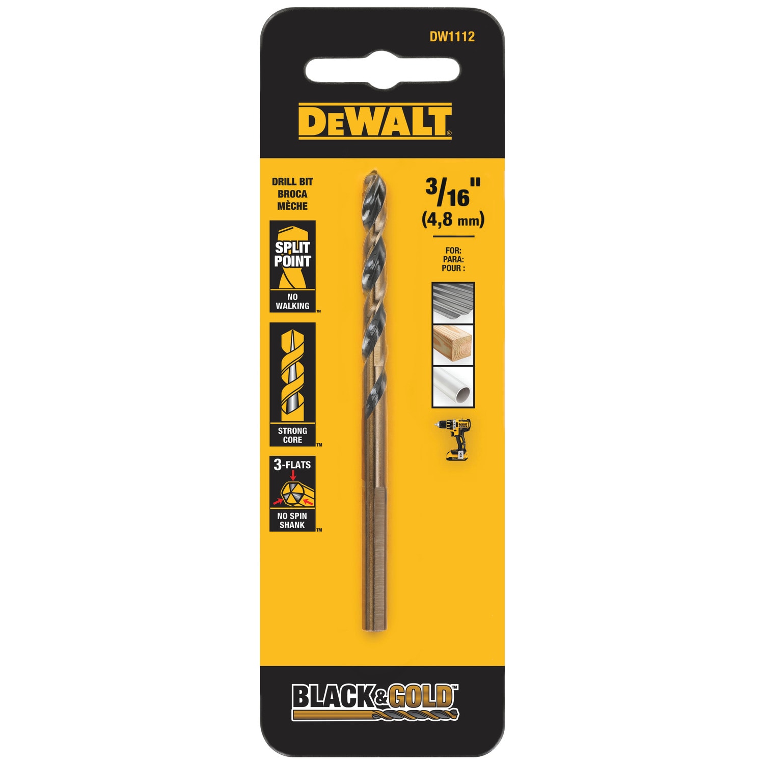 DEWALT Broca de acero rápido recubierta en negro y dorado de longitud estándar de 3/16 in x 3-9/16 in - DW1112