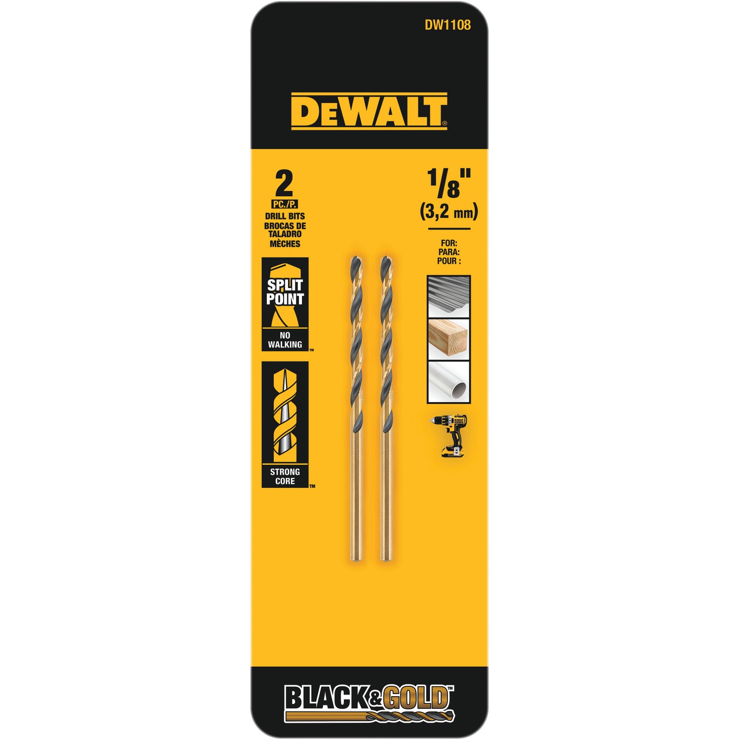 DEWALT Juego de 2 brocas helicoidales de longitud laboral de 1/8 pulg. x 2-3/4 pulg. recubiertas de negro y oro HSS - DW1108