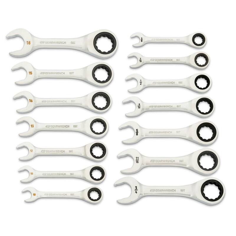 Juego de llaves combinadas de trinquete cortas de 12 puntas SAE/métricas de 90 dientes GEARWRENCH (14 piezas) - 86859