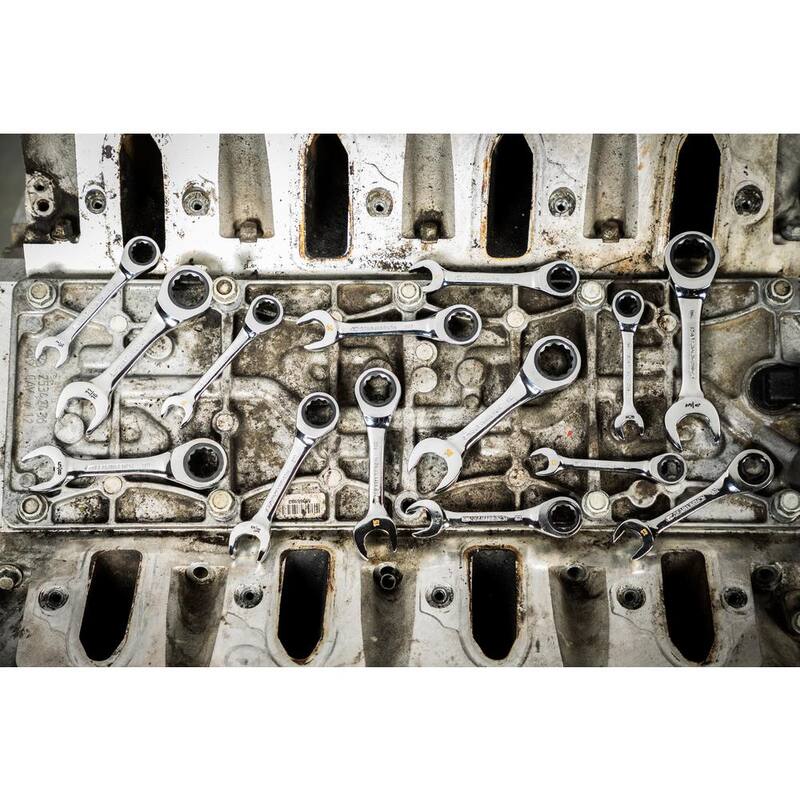 Juego de llaves combinadas de trinquete cortas de 12 puntas SAE/métricas de 90 dientes GEARWRENCH (14 piezas) - 86859
