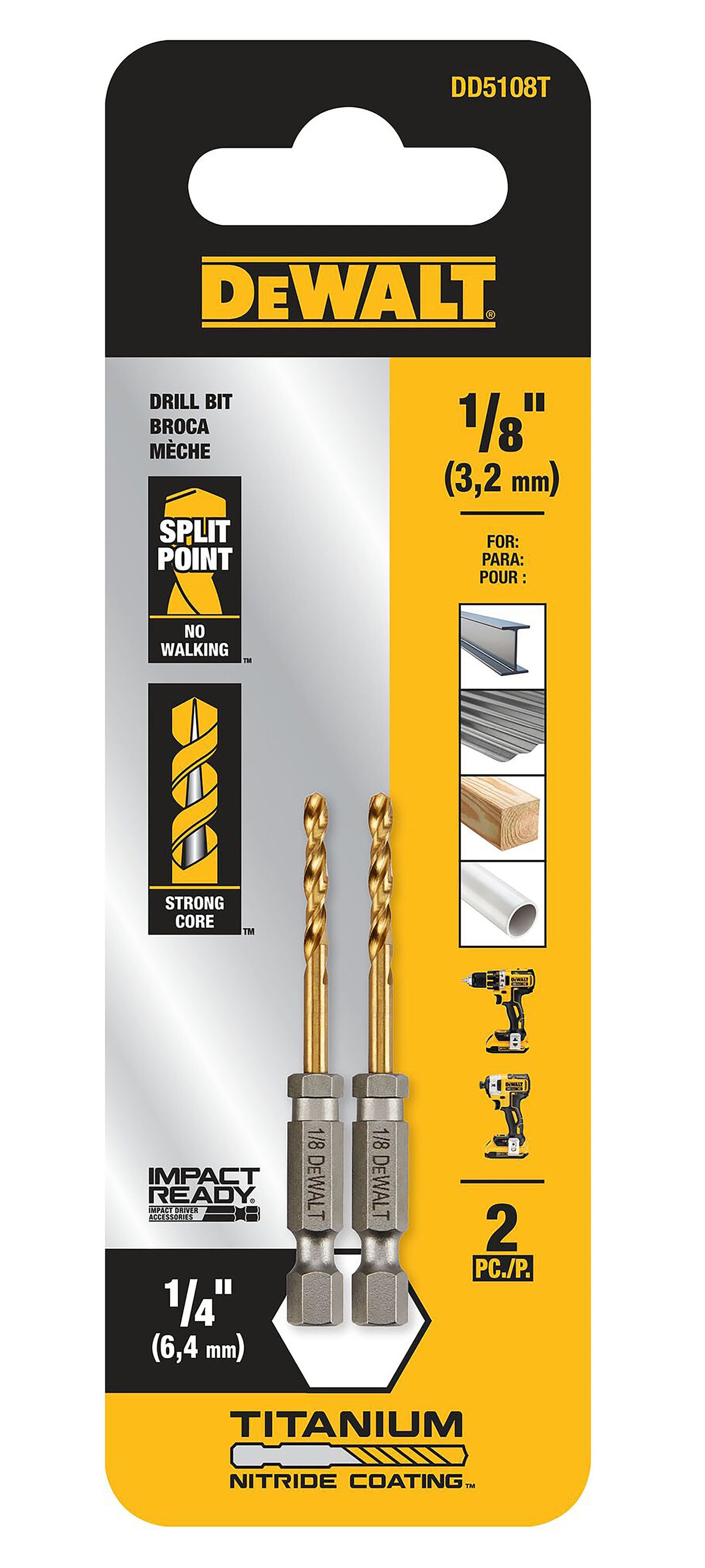 DEWALT Juego de 2 piezas de brocas helicoidales para trabajo de 1/8 pulgadas x 2-5/8 pulgadas con revestimiento de nitruro de titanio DD5108T de longitud estándar