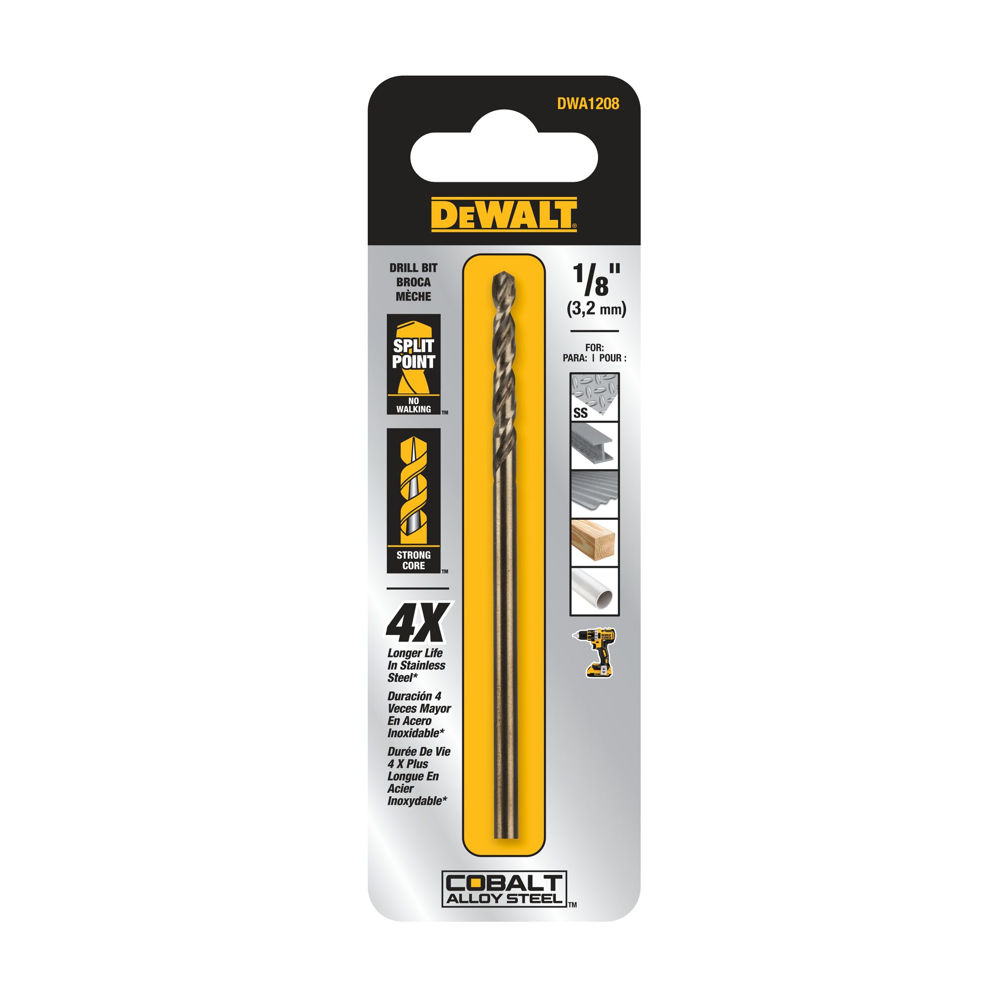 Broca helicoidal DEWALT de acero de aleación de cobalto de 1/8 pulgadas x 2-3/4 pulgadas de largo para trabajo de precisión - DWA1208.