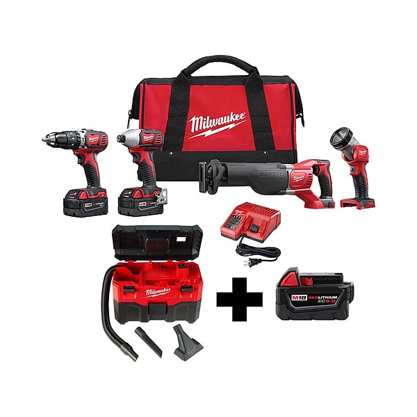 Milwaukee Tool M18 4-Tool Kit, M18 Vac, M18 5.0 - 2696-24, 0880-20, 48-11-1850