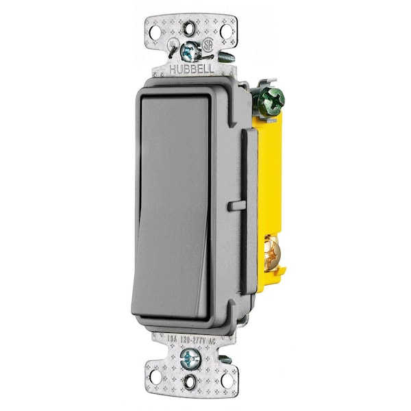 Hubbell Wiring Device-Kellems TradeSelect, Switches and Lighting Controls, Decorator Switch, Residential Grade, Rocker Switch, General Purpose AC, Single Pole, 15A 120/277V AC, Push Back and Side Wired, Gray - RSD115GY