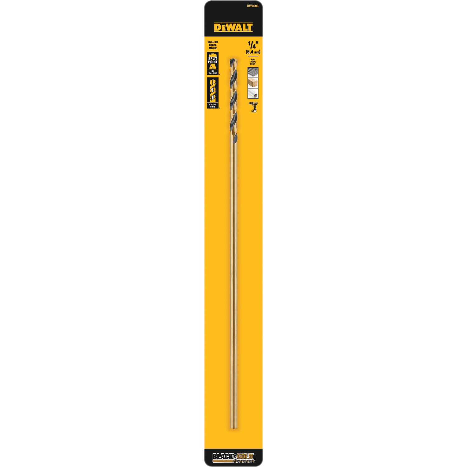 DEWALT Broca de torsión HSS de longitud estándar recubierta en negro y dorado de 1/4 de pulgada por 12 pulgadas - DW1606
