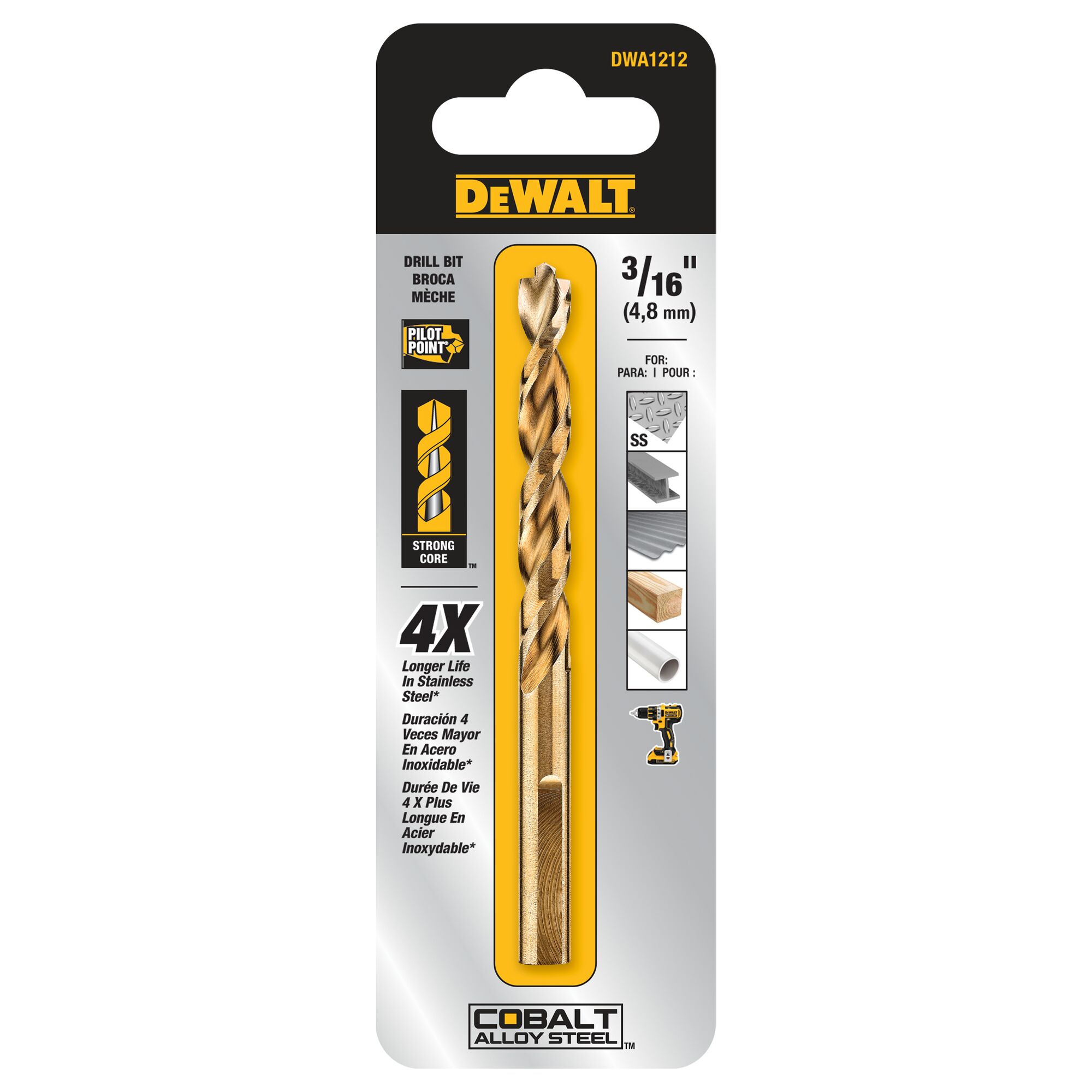 DEWALT Broca helicoidal de longitud para trabajos de aleación de acero cobalto 3/16 pulg. x 3-9/16 pulg. - DWA1212