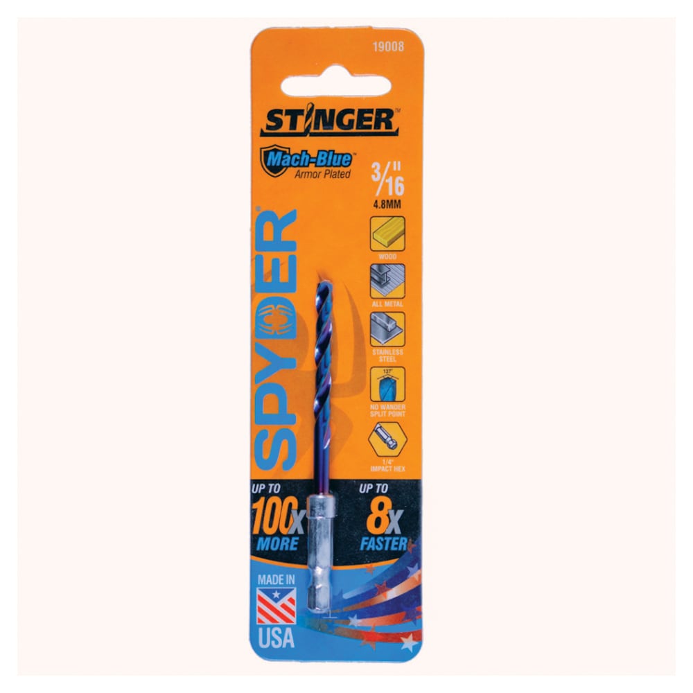 Broca de torsión Spyder Spyder Stinger de acero de alta velocidad de 3/16 pulg. x 3-1/2 pulg. - Longitud de trabajo de 19008