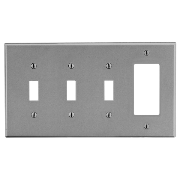 Placa de pared Hubbell Wiring Device-Kellems, 4 espacios, 3 interruptores de palanca y 1 interruptor decorativo, color gris - P326GY