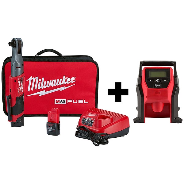 Milwaukee Tool M12 1/2" Ratchet 2Batt, M12 CP Inflator - 2558-22, 2475-20