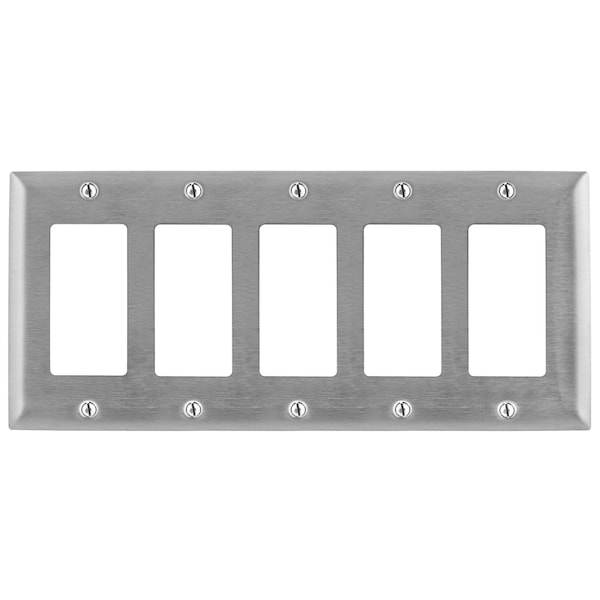 Placas de pared y cajas metálicas Hubbell Wiring Device-Kellems, 5-Gang, 5 aberturas GFCI, tamaño estándar, acero inoxidable - SS265