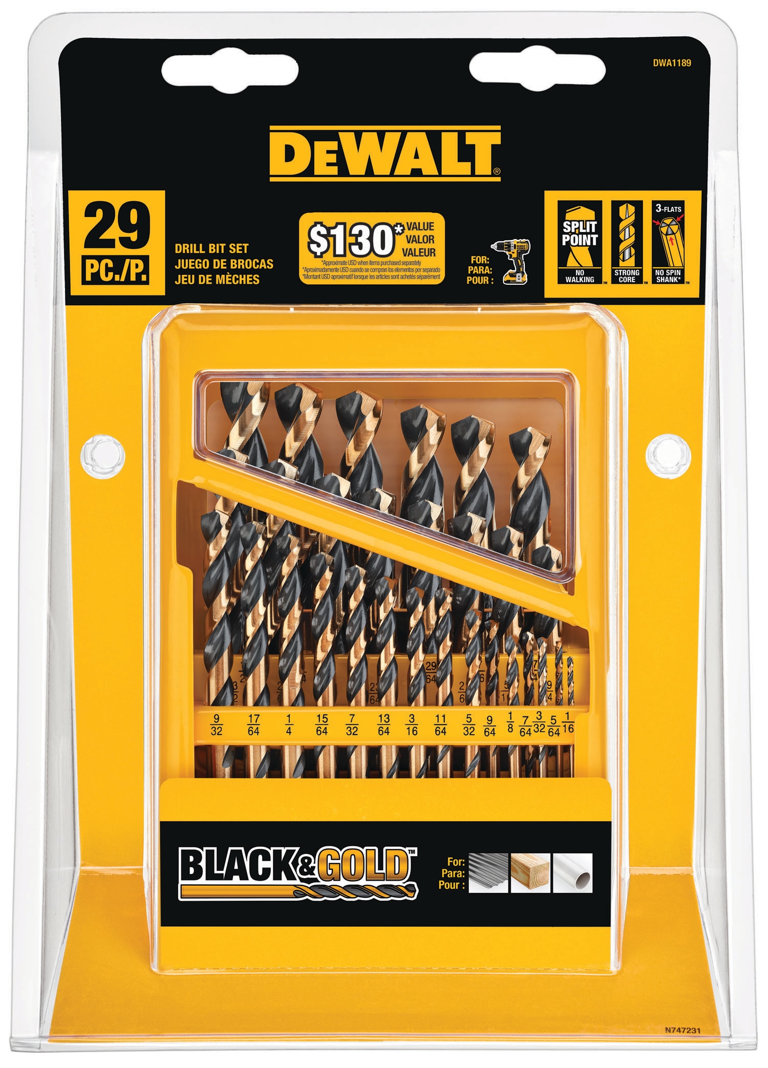 DEWALT Juego de 29 Brocas de Acero de Alta Velocidad, Recubiertas en Negro y Oro, de Longitud Jobber - DWA1189