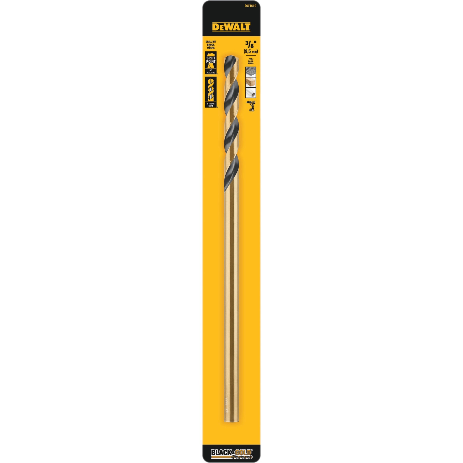 Broca helicoidal de longitud de aeronave DEWALT DEWALT de 3/8 pulgadas x 12 pulgadas recubierta de negro y dorado HSS - DW1610