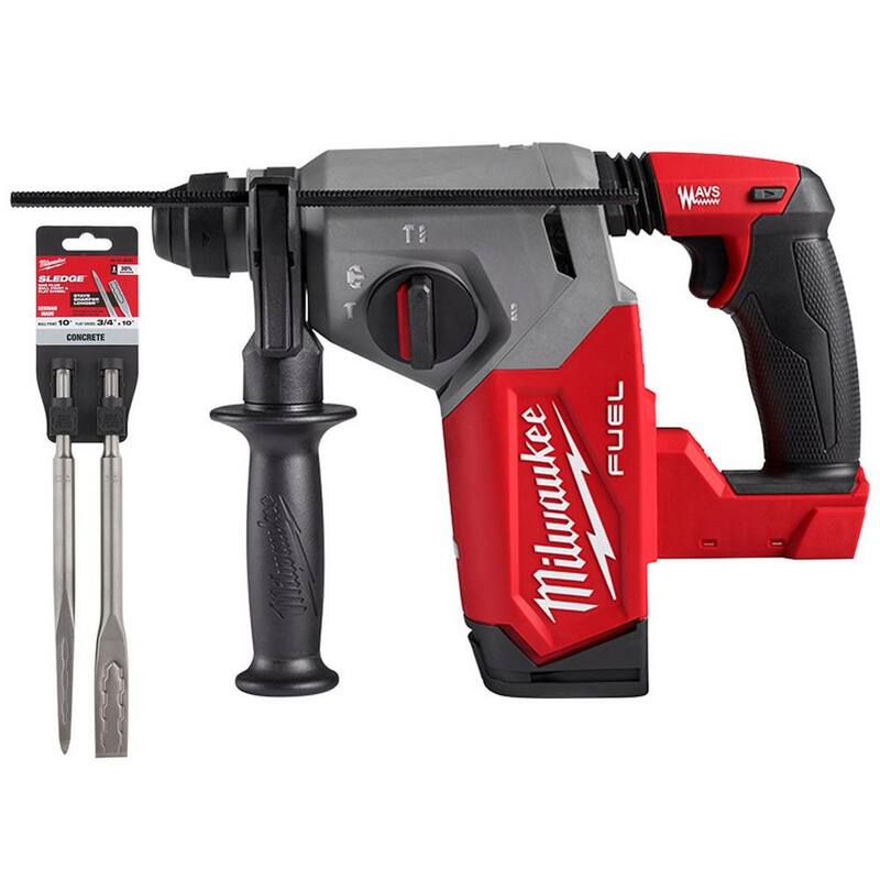 Martillo rotativo inalámbrico sin escobillas Milwaukee M18 FUEL de 18V de ion de litio con SDS-Plus de 1 pulgada, con punta de bóvido de 10 pulgadas y cincel plano de acero - 2912-20-48-62-6080