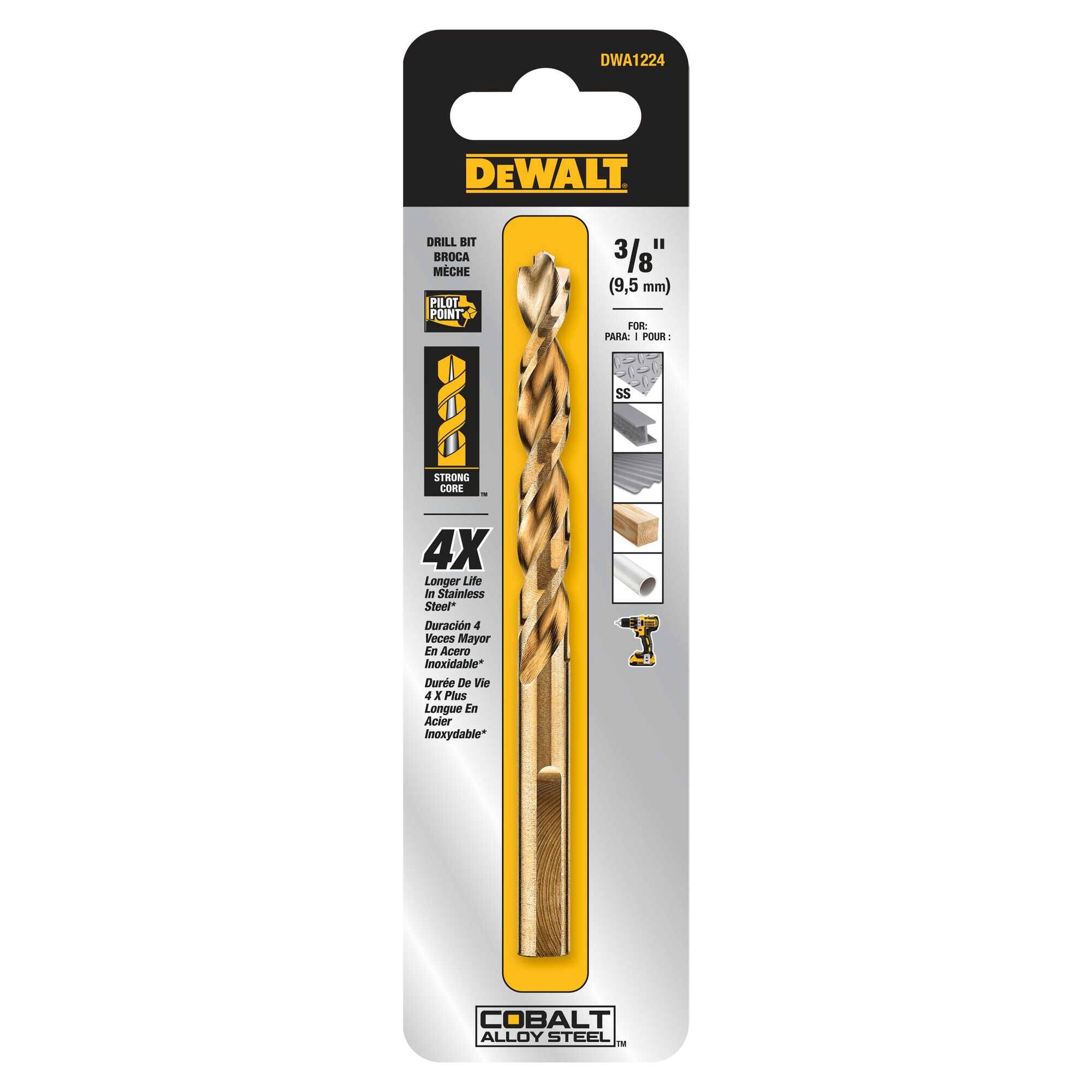 Broca helicoidal de cobalto de acero aleado de 3/8 pulg. x 5-1/16 pulg. de longitud estándar DEWALT DWA1224