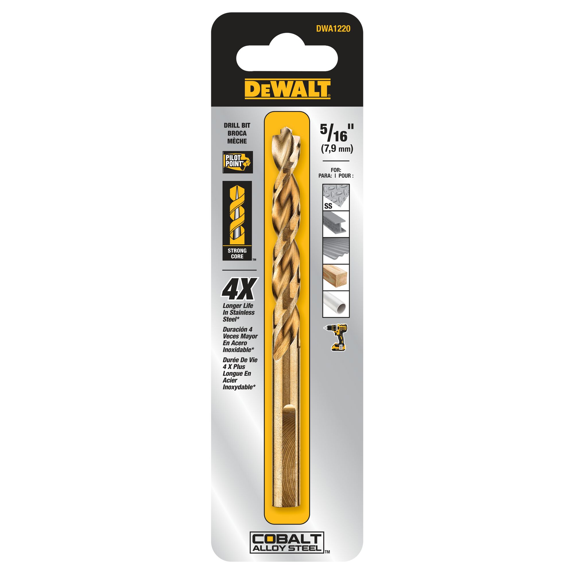 Broca helicoidal de acero de aleación de cobalto de 5/16 pulgadas x 4-9/16 pulgadas de longitud de trabajo de DEWALT - DWA1220.