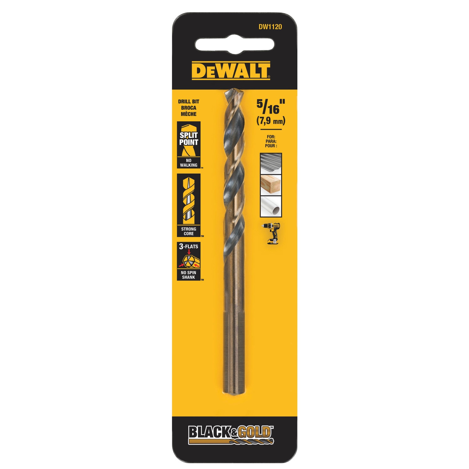 Broca helicoidal de acero de alta velocidad con recubrimiento negro y dorado DEWALT 5/16 pulg. x 4-9 / 16 pulg. de longitud para trabajo pesado - DW1120