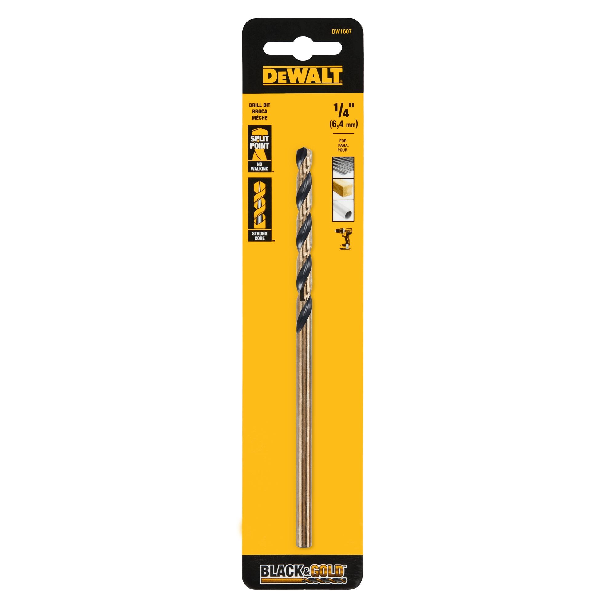 Broca helicoidal de longitud de aeronave recubierta en negro y dorado de HSS de 1/4 pulg. x 6 pulg. - DW1607 de DEWALT
