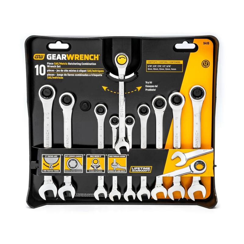 Juego de herramientas combinadas GEARWRENCH SAE/Métrico de trinquete de 72 dientes (10 piezas) - 9418