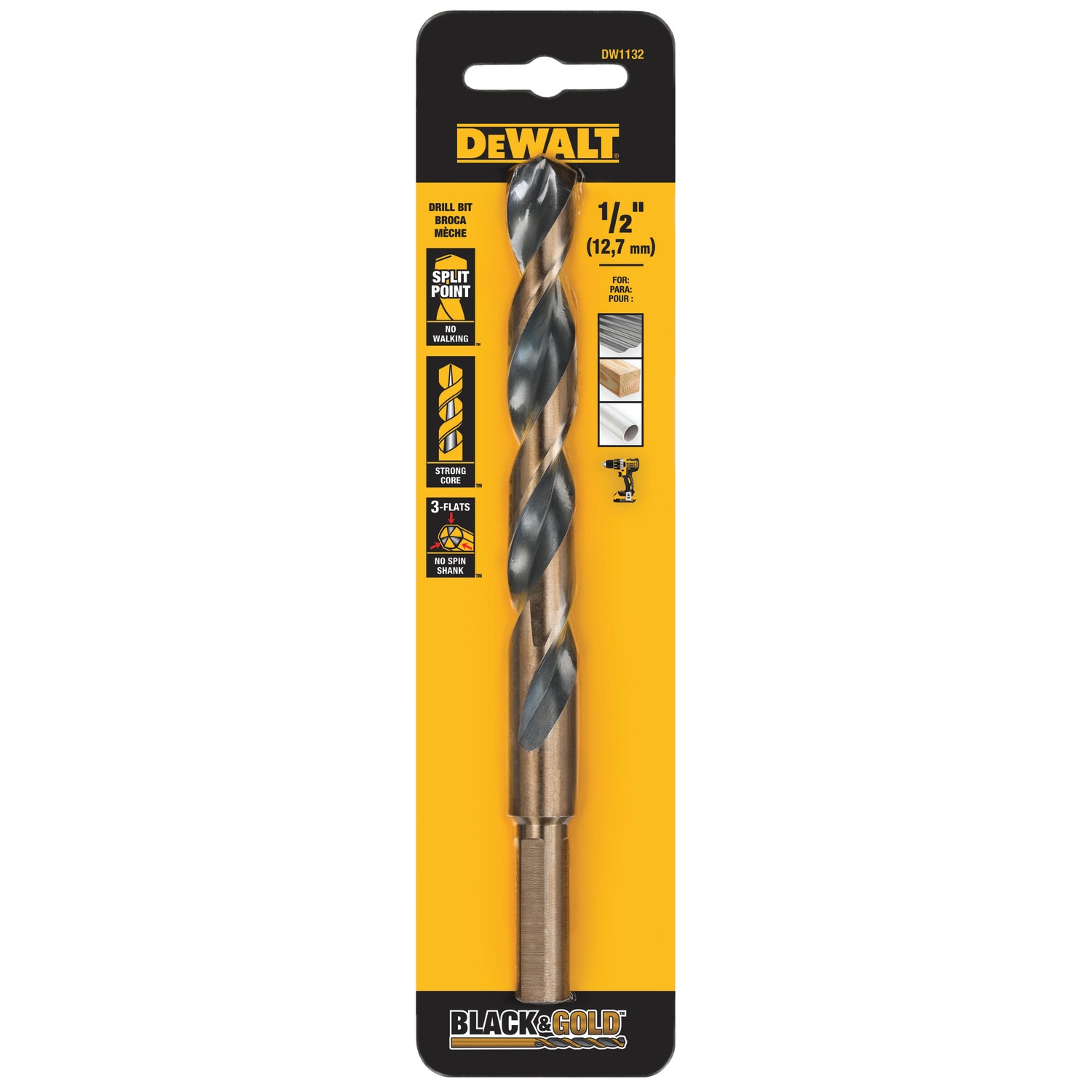 Broca helicoidal de acero de alta velocidad recubierta en negro y dorado DEWALT 1/2 pulgadas x 6-1/8 pulgadas - DW1132