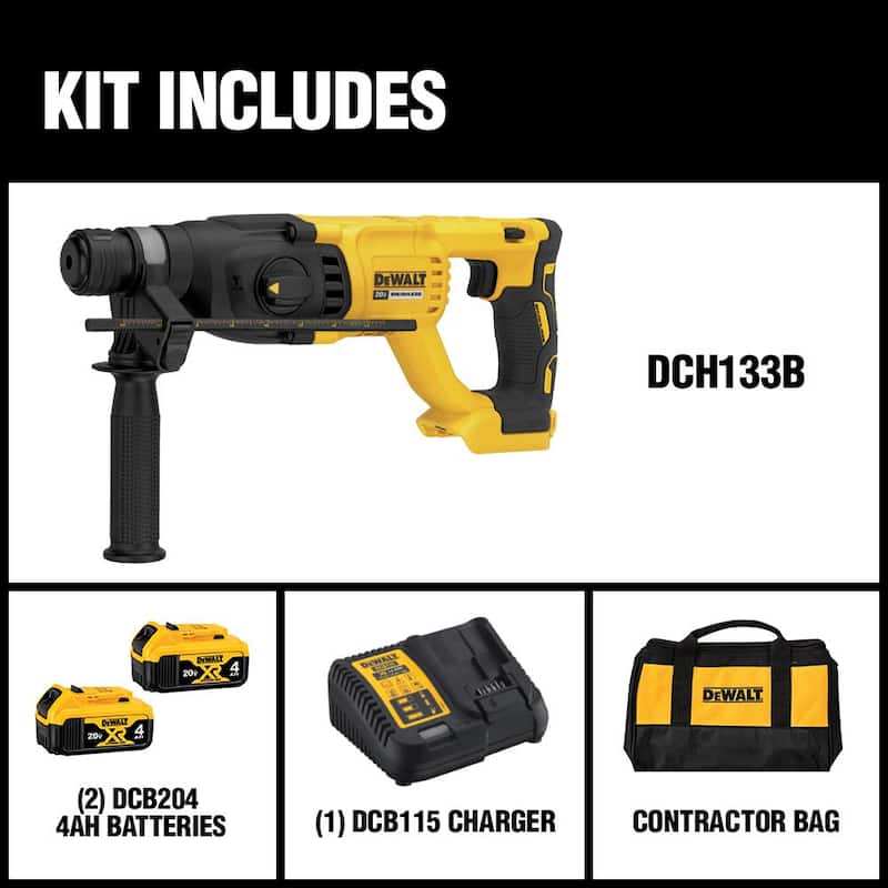 Martillo rotativo inalámbrico sin escobillas DEWALT 20V MAX de 1 pulgada SDS Plus con mango en D para concreto y albañilería y (2) baterías de 20V 4.0Ah - DCH133M2
