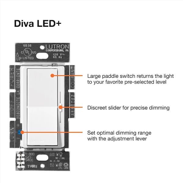Interruptor atenuador de 3 vías Lutron Diva blanco 150 W 1 paquete - DVWCL-153PH-WH
