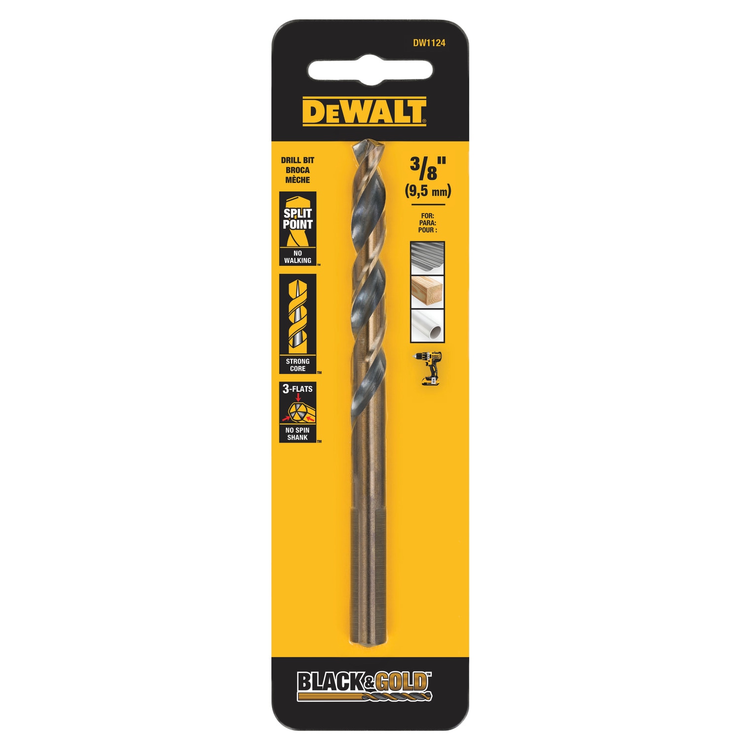 Broca helicoidal de longitud estándar DEWALT DEWALT 3/8 pulg. x 5-1/16 pulg. con recubrimiento negro y dorado de Hss - DW1124