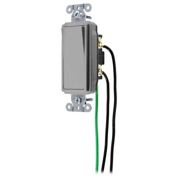Hubbell Wiring Device-Kellems Spec Grade, Decorator Switches, General Purpose AC, Four Way, 20A 120/277V AC, Back and Side Wired, Pre-Wired with 8" #12 THHN - DSL420GY