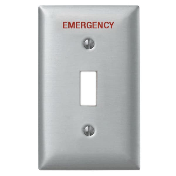 Hubbell Wiring Device-Kellems Wallplates and Boxes, Metallic Plates, 1-Gang, 1) Toggle Openings, Standard Size, Engraved "Emergency", Stainless Steel - SS1ME