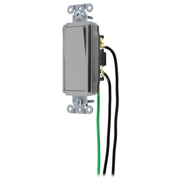 Hubbell Wiring Device-Kellems Spec Grade, Decorator Switches, General Purpose AC, Single Pole, 15A 120/277V AC, Back and Side Wired, Pre-Wired with 8" #12 THHN - DSL115GY